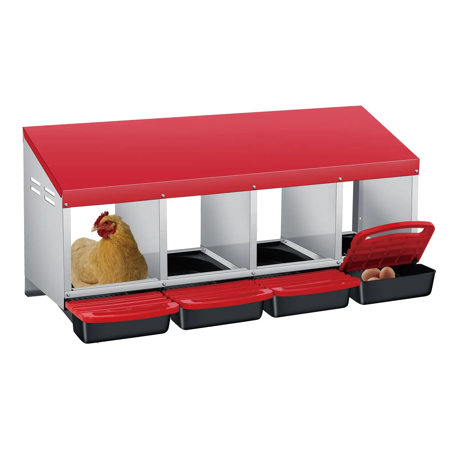 Chicken Nesting Box 4-Compartment Roll-Out with Pull-Out Trays, Egg Nesting Boxes for Hens, Chicken Coop Laying Box,Easy Wall Mounting ,Red