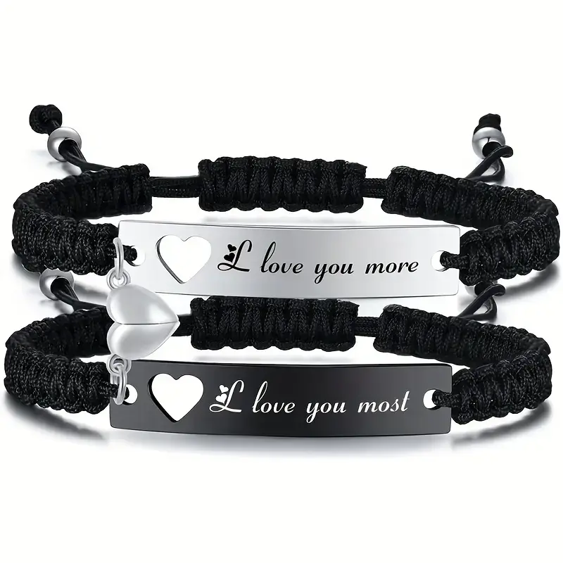 2-Piece Couple Bracelets Matching Set, Adjustable Braided Style with Stainless Steel Heart, Love Gift for Long-Distance Anniversary & Birthday, Gf Gift, Christmas, Daily Accessory, Two Piece Set, Letter
