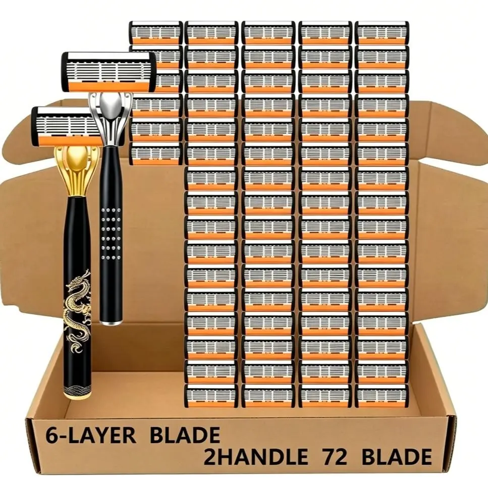 Men's Manual Shaving Razors Set, 6-Layer Stainless Steel Blade System, 2 Non-Slip Handles, 72 Replacement Heads, Suitable for All Skin Types