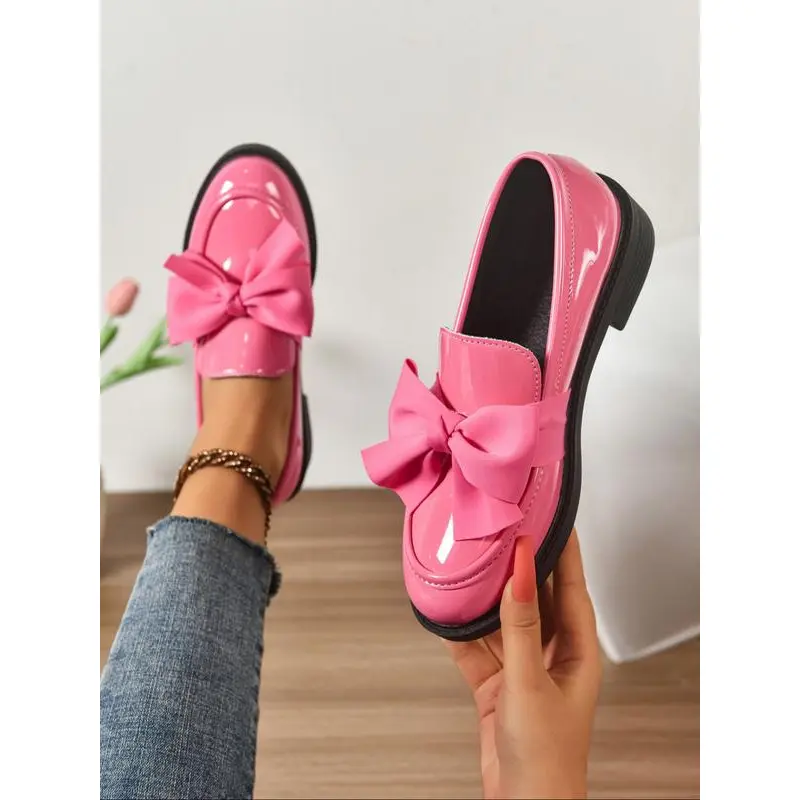 Women's Chunky Platform Loafers with Bow Accent, Slip-On PU Leather Shoes with a Comfortable Rubber Sole for Work & School, Ankle