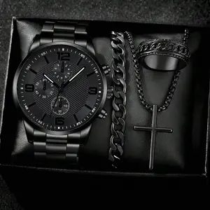 4PCS Business Men's Gift Box Watch Set Fashion Trend Quartz Watch Bracelet Necklace Ring Set Perfect Gift Set for Friends or Dad