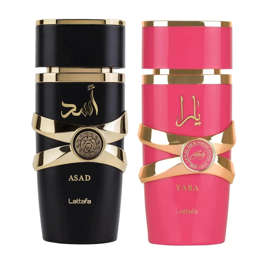 Lattafa YARA CANDY + ASAD Luxury-Inspired Ultra-Luxe Gender-Neutral Set Fragrance Set, 3.4oz(100ml) Pack of 2, Vanilla Floral Blueberry Scent, Ideal Gift for Beauty Enthusiasts, Gender-Neutral Fragrance Sets