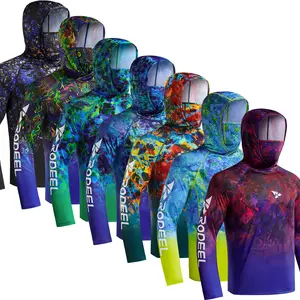 【RODEEL】915 Sun Hoodie Shirts w/ Mask Neck Gaiter Men UPF 50+ UV Protection Long Sleeve Lightweight Quick Dry Moisture Wicking Breathable Cooling Athletic Activewear for Outdoor Sport Fishing Boating Hiking Roofing Construction Landscaping Tree Service