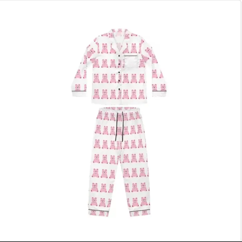 Silk Teddy Bear Pajamas - Women's Nightwear, Long Sleeves, Button Front, Pink Design - Womenswear
