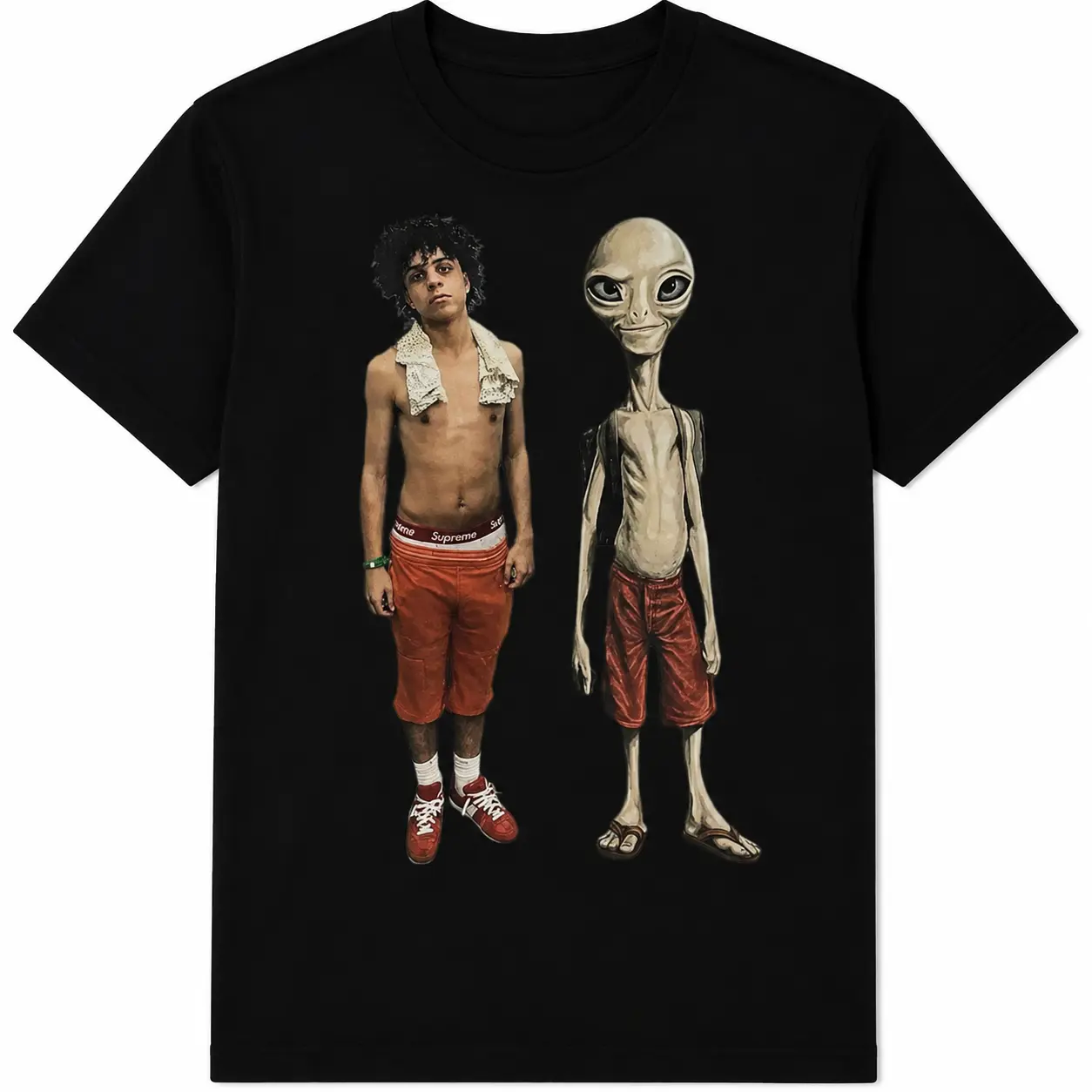 100% Cotton Alien Graphic T-Shirt, Dark Aesthetic Streetwear Tee for Men Women, Retro Sci-Fi Alien Human Print Short Sleeve Casual Black Shirt, Y2K Alternative Fashion Top