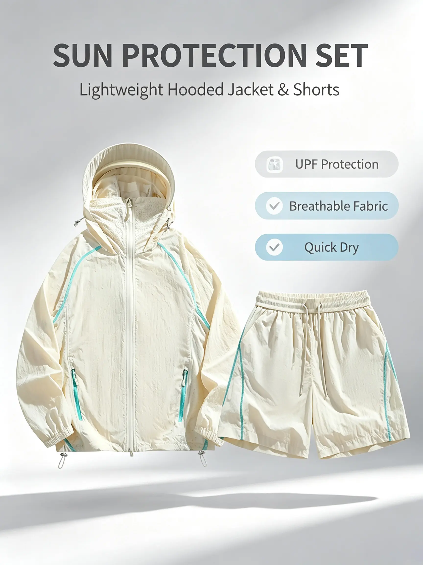 Men's 2-Piece Y2K Windproof Streetwear Set, Hooded Jacket + Elastic-Waist Shorts, Mens Clothing Matching Sets, Slightly Short Garment Length Casual Sporty Set