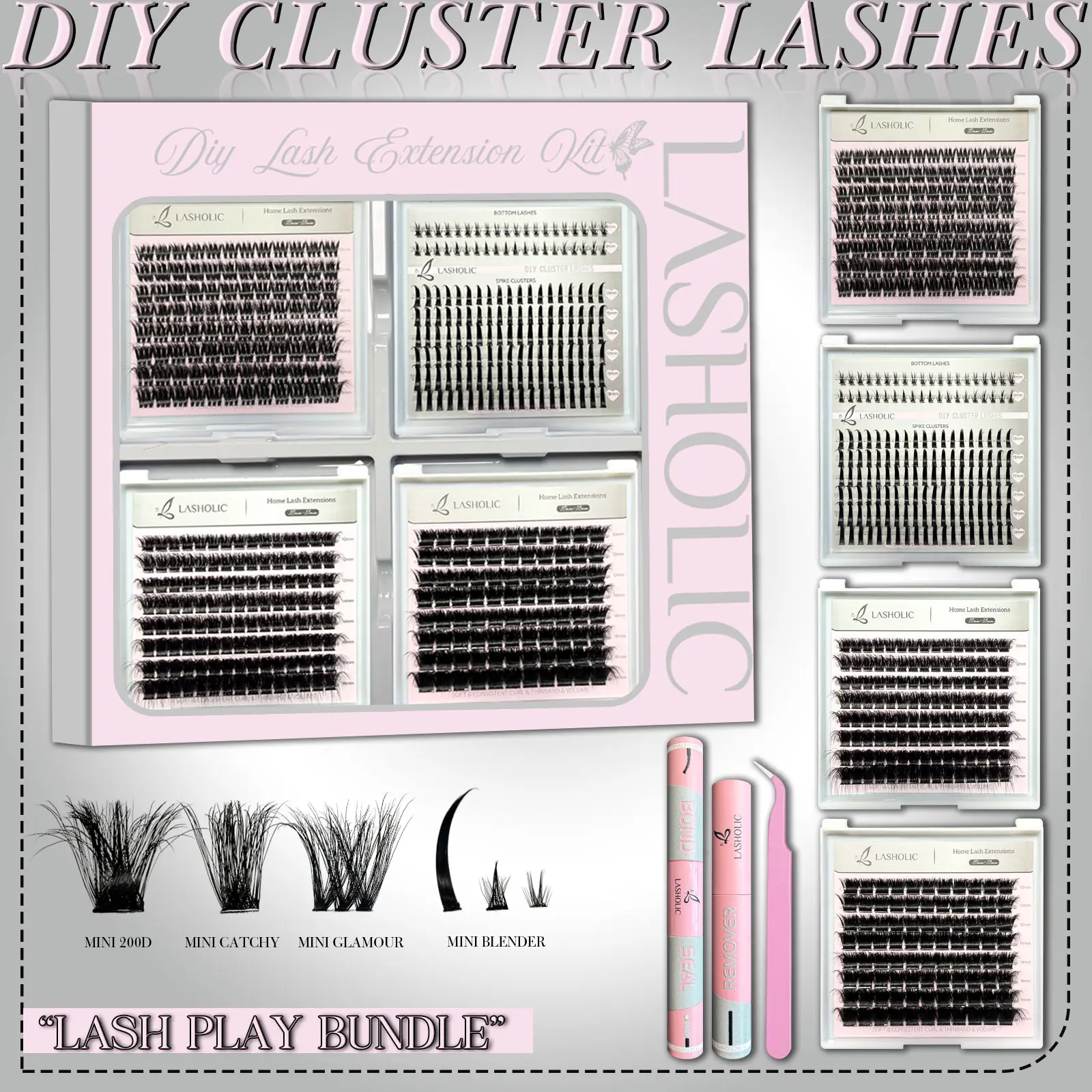 "Lash Play Bundle" 4 Styles Mega & Wispy & Classic & Anime & Bottom Cluster Kit Waterproof Glue Bond Home Lash Extension Makeup Easy Apply Cosmetic Tweezer