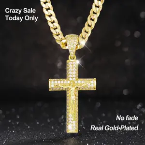 14k Real Gold-Plated Cuban, Figaro, Miami Cross with Jesus Christ Crucifix, 24 inches Long and 6mm Wide, Handcrafted Polishing and Multiple Electroplating Daily Wear Necklace
