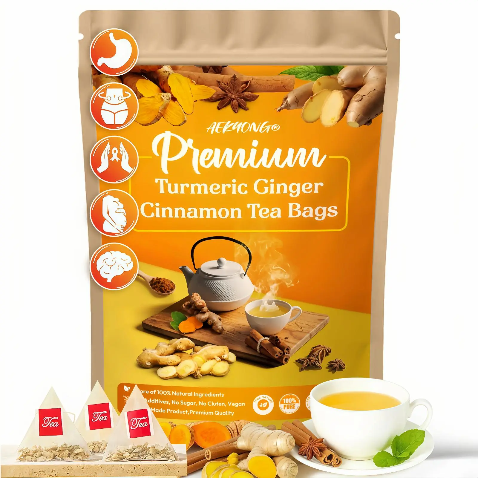 Natural Turmeric Ginger Cinnamon Herbal Tea Bags, Warm Spice Blend Tea for Stomach Comfort & Daily Wellness, Unsweet Non-GMO Healthy Tea