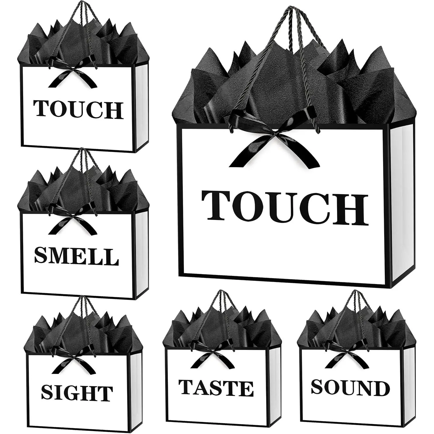 12.6" 5 Senses  Bags with Tissue Papers and Ribbons for Men, Women, Him Her Birthday, Anniversary, Wedding, Valentine's Day (White Black)