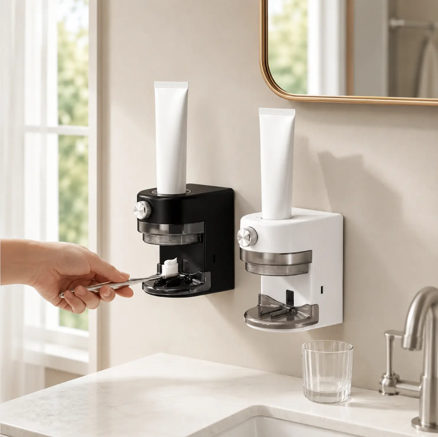 Wall-Mount Automatic Toothpaste Dispenser - Touchless Sensor Squeezer, No-Drill, Integrated Holder, Water Draining, Mess-Free Toothpaste, Hygienic Bathroom Organizer for Family Use
