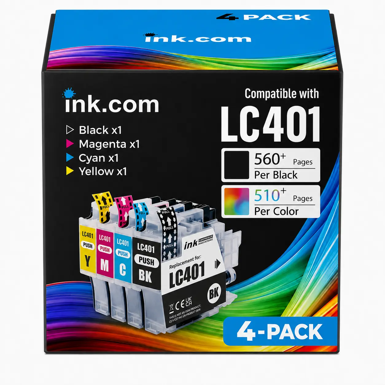 High-Yield Ink Cartridges 4-Pack by Ink.com, LC401-LC401XL Model for Printing, Compatible with Brother Printers (MFC-J1010D, Brother MFC-J1010DW, J1012DW, J1170DW, J1800DW, DCP-J1200W) for Home/Office Consistent Results, Easy Installation