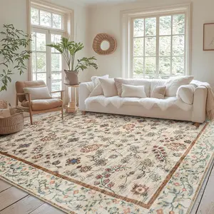 Boho Farmhouse Rug Non-Slip Washable, Low Pile Vintage Area Rug for Living Room Bedroom Kitchen Dining Home Office Entryway-VC