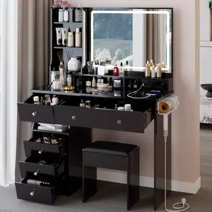 Large Makeup Vanity Desk with Large Mirror and Lights, 41" Vanity Table Set with Charging Station, 5 Drawers & Hair Dryer Holder, Dressing Table with Storage Shelves and Cushioned Stool
