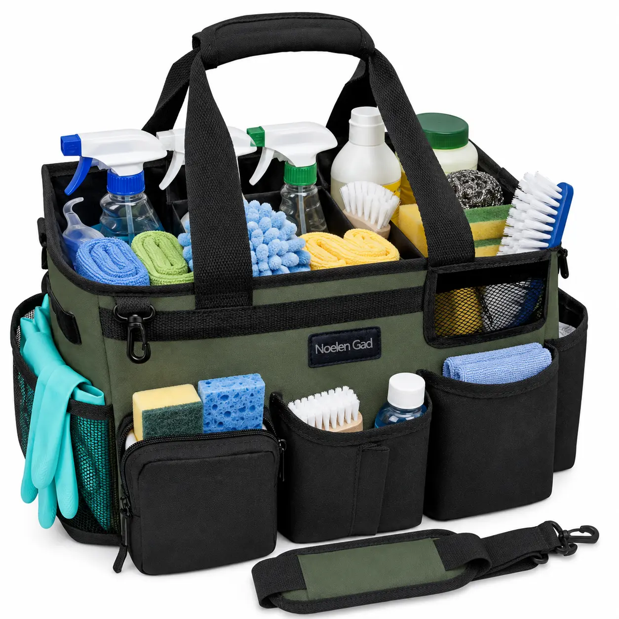 Dark Green Wearable Cleaning Bag with Handle and Shoulder Strap for Housekeeper Sink and Car Cleaning Tool Organizer Housekeeping Home Organization