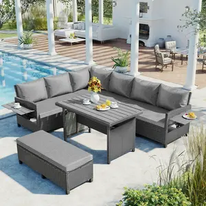 5-Piece Outdoor Patio Rattan Sofa Set, Sectional PE Wicker L-Shaped Garden Furniture Set with 2 Extendable Side Tables, Dining Table and Washable Covers for Backyard, Poolside, Indoor, Grey
