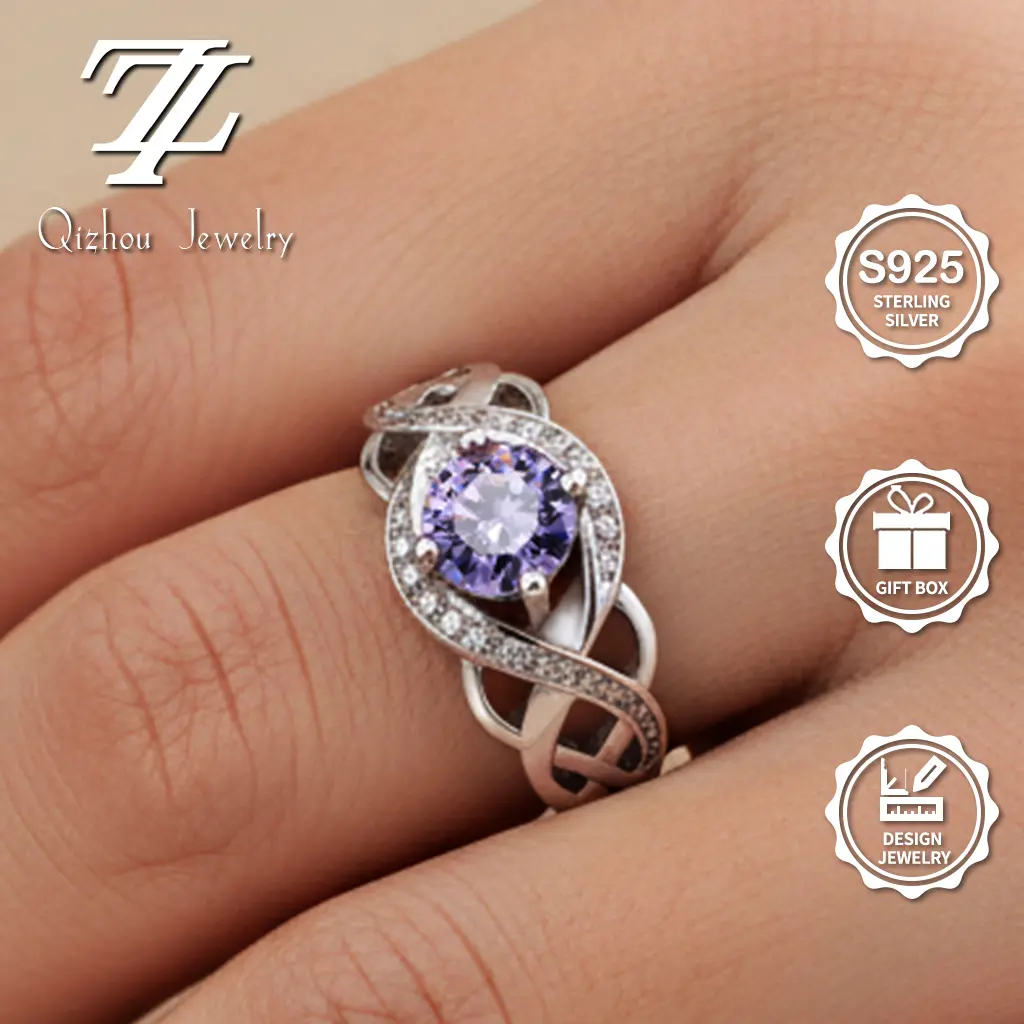 925 Sterling Silver Celtic Weave Amethyst Ring | Elegant Women’s Gift with Premium Gift Box, Sparkling Purple Center Stone summerwins,summerwins Unique Rings Dainty Ring