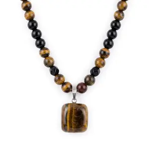 Retro Natural Tiger's Eye Geometric Pendant Necklace, Adjustable Beaded Necklace, Fashion Jewelry Gifts for Men Women Daily Wear