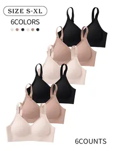 6pack set of solid color seamless women's bras, sizes XS-XL, Daily casual workwear, comfortable skin-friendly, with padded cups, four-row three-hook closure, Supportive shaping, yoga sports-style, beautiful back, no underwire, Solid backless bra