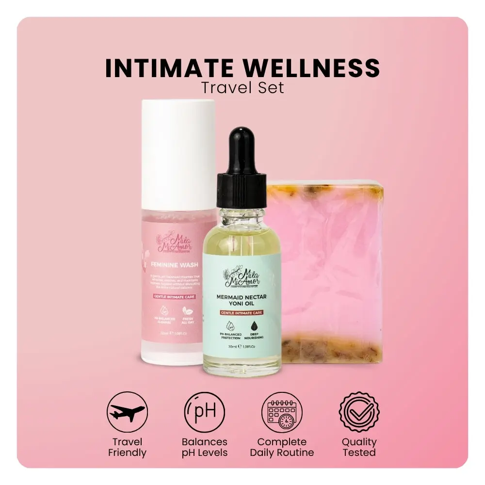 Intimate Wellness Travel Set for Women – Feminine Wash, Yoni Oil & Yoni Soap – pH Balanced, Gentle Daily Care – Hydrating, Soothing & Odor Control – Travel Size Intimate Hygiene Kit for On-the-Go Freshness