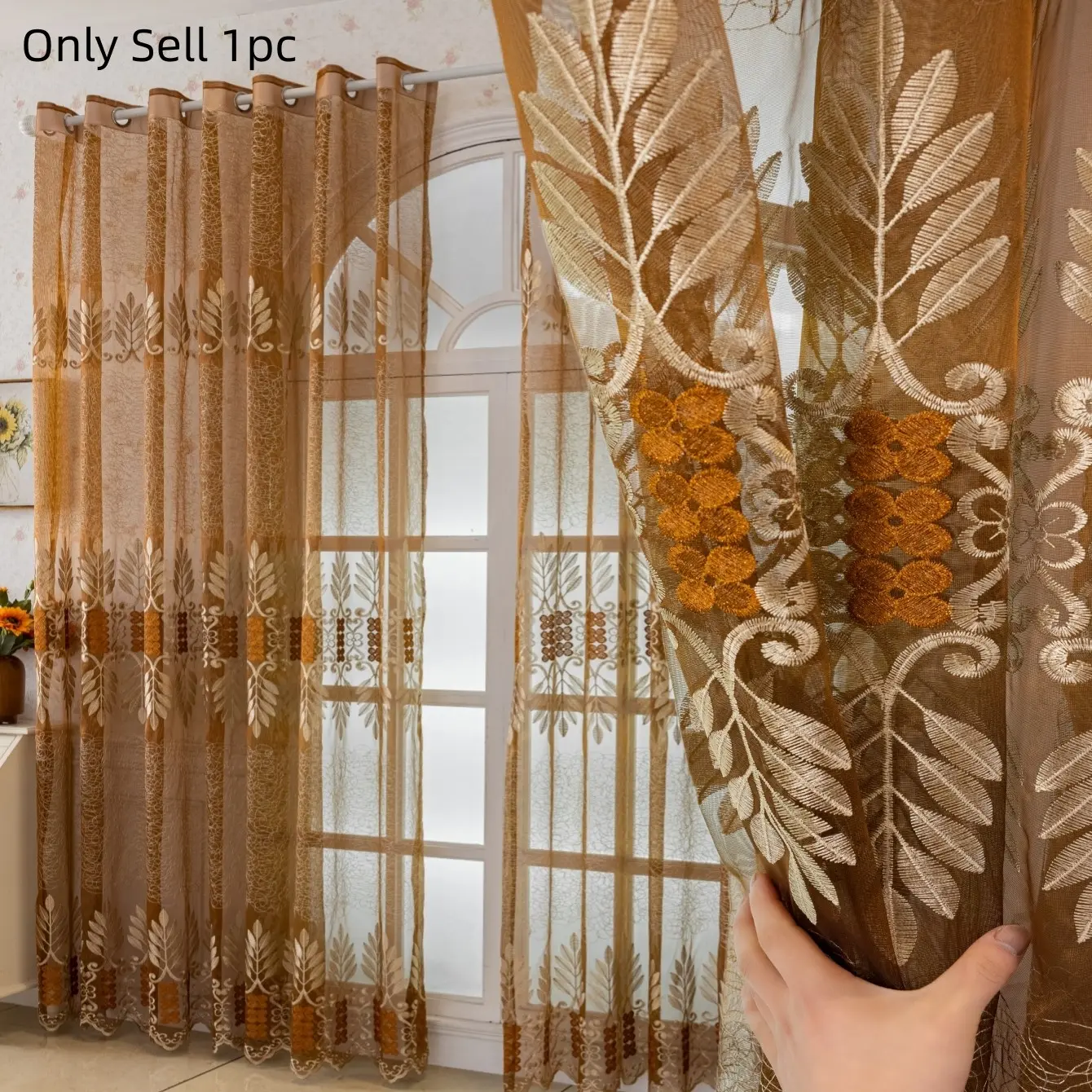 1pc Luxury Caramel Embroidered Curtain, Elegant Embroidery, Semi-Transparent with Holes, Soft Light Filter, Perfect for Living Room, Modern Style, Window Curtain, Home Decoration Curtain