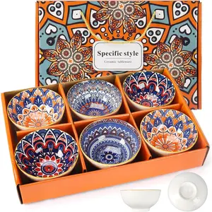 Ceramic Rice Bowls Set 10 oz Bohemian Style Small Retro Bowl Gift Set of 6 Kitchen Tableware Serving Bowls with Design for Cereal Soup Desserts Snacks Fruits Salads Non Toxic Safe Everyday Use