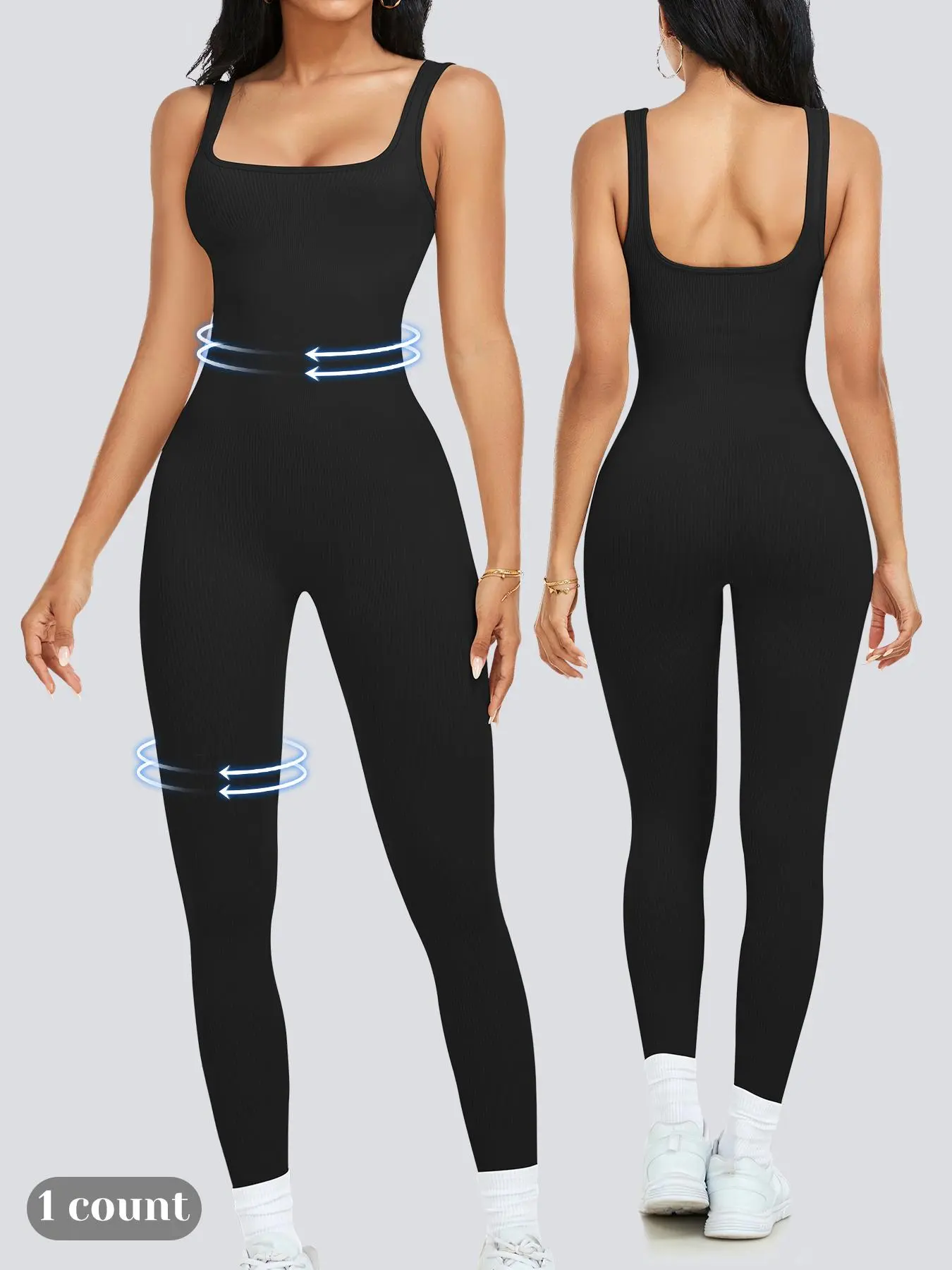 Women's Solid Square Neck Shapewear Jumpsuit, Casual Comfy Tummy Control Seamless Ribbed Jumpsuit for Daily Wear, Ladies Shapewear for All Seasons, Sporty Comfy Jumpsuit, Shaping Jumpsuit, Abdomen Control Jumpsuit, Square Neckline Jumpsuit