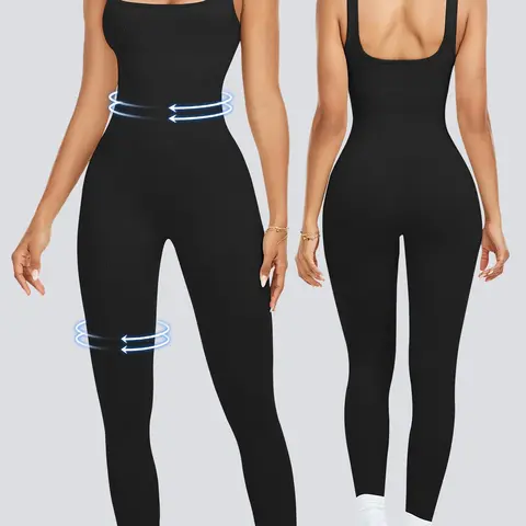 【Black Friday】Women's Solid Square Neck Shapewear Jumpsuit, Casual Comfy Tummy Control Seamless Ribbed Jumpsuit for Daily Wear, Ladies Shapewear for All Seasons, Sporty Comfy Jumpsuit, Shaping Jumpsuit, Abdomen Control Jumpsuit