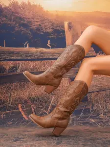 Women's Western Cowboy Boots, Western Cowgirl Boots, European Style Classic New Design, Traditional Embroidered Pointed Toe, Chunky High Heel Mid-Calf Boots
