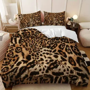 Bedding 3-piece set - 3PCS,brown and black leopard print patchwork down comforter set (1 comforter cover + 2 pillowcases, filling not included). soft and comfortable, suitable for family bedrooms.