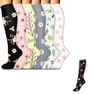 Floral Compression Socks 6 Pairs Non-Slip Breathable Graduated Calf Socks for Men Women Running Nursing Travel Workout