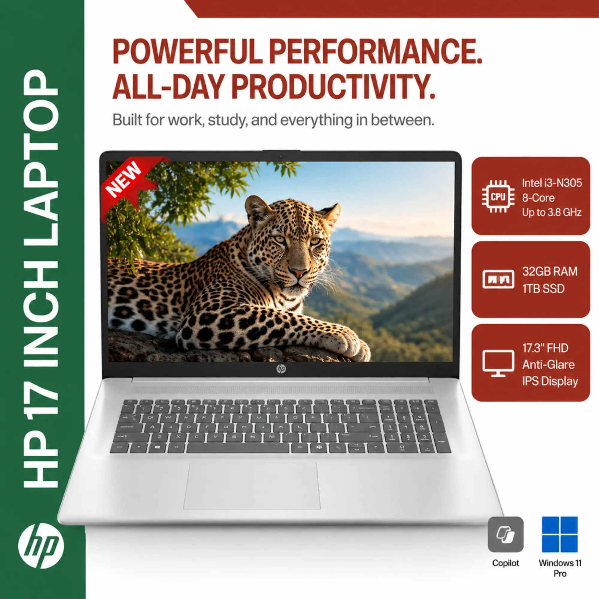 HP 17.3" Full HD IPS Display Laptop, Intel 8-Core i3-N305 Processor, Up To 32GB RAM, 1TB SSD, Intel UHD Graphics, Windows 11 Pro, Fast Charge, Wi-Fi 6, Bluetooth 5.4, Built-In HD Webcam, d1523 Laptops