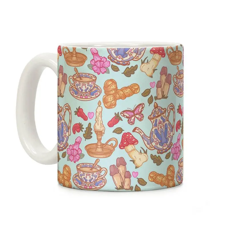 Cottagecore Pattern Coffee Mug - Ceramic Drinkware with Large Handles Printed Glossy 11oz 15oz Classic C-Handle