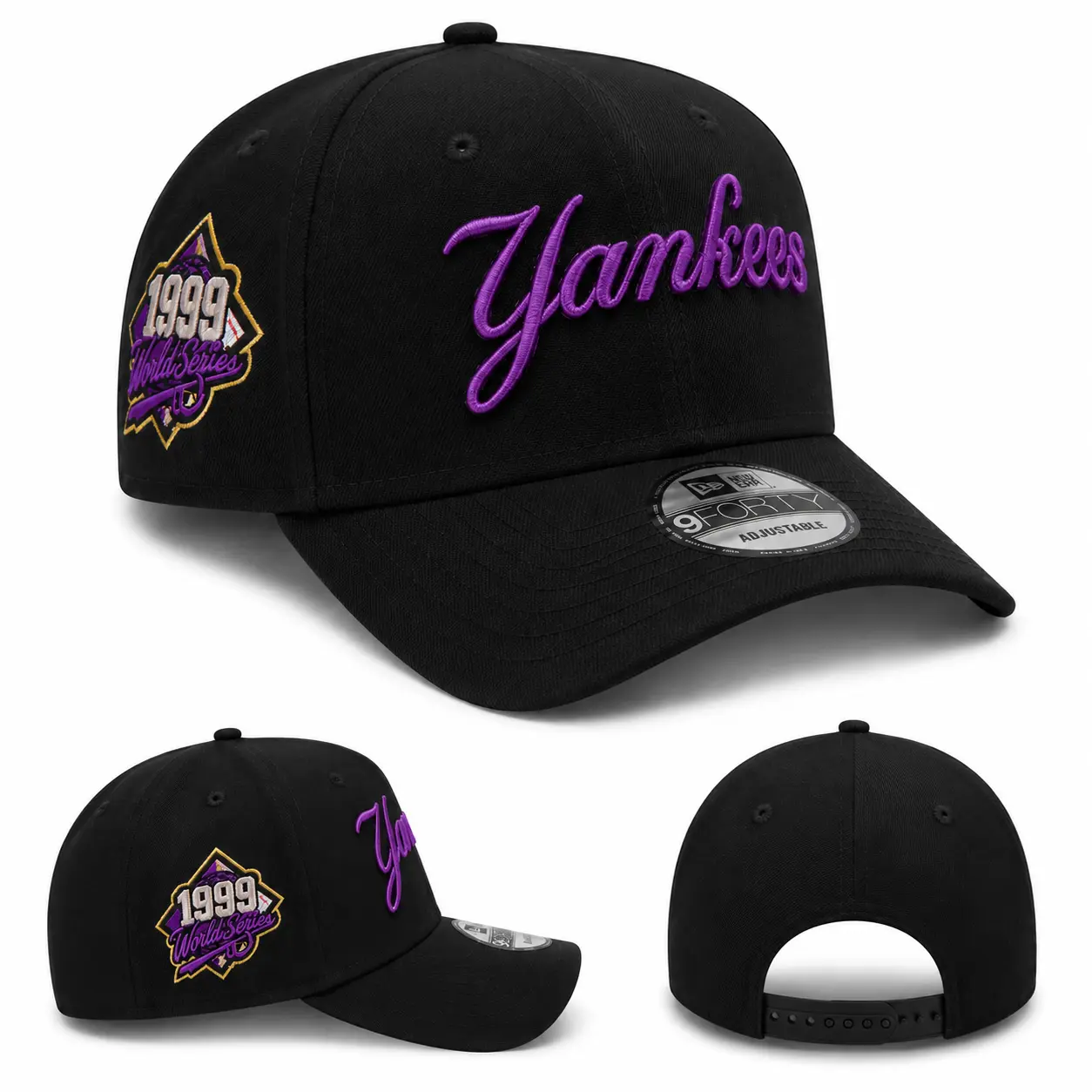New Era MLB 9FORTY New York Yankees Adjustable Mens Baseball Cap - Black, Curved Brim Hat with Purple Embroidery, 1999 World Series Side Patch (Sports Collectibles Headwear), Mens Hats