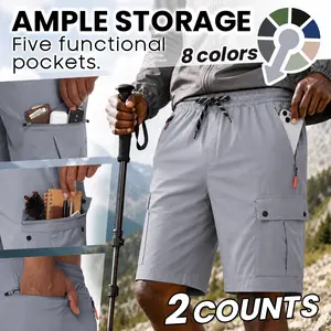 2 Pack Men’s Cargo Hiking Shorts Quick Dry Lightweight Stretch Athletic Shorts for Men with Zipper Pockets Elastic Waist Casual Outdoor Fishing Gym Running Travel Tactical Cargo Shorts Breathable Summer Multi Pocket Shorts No Lining
