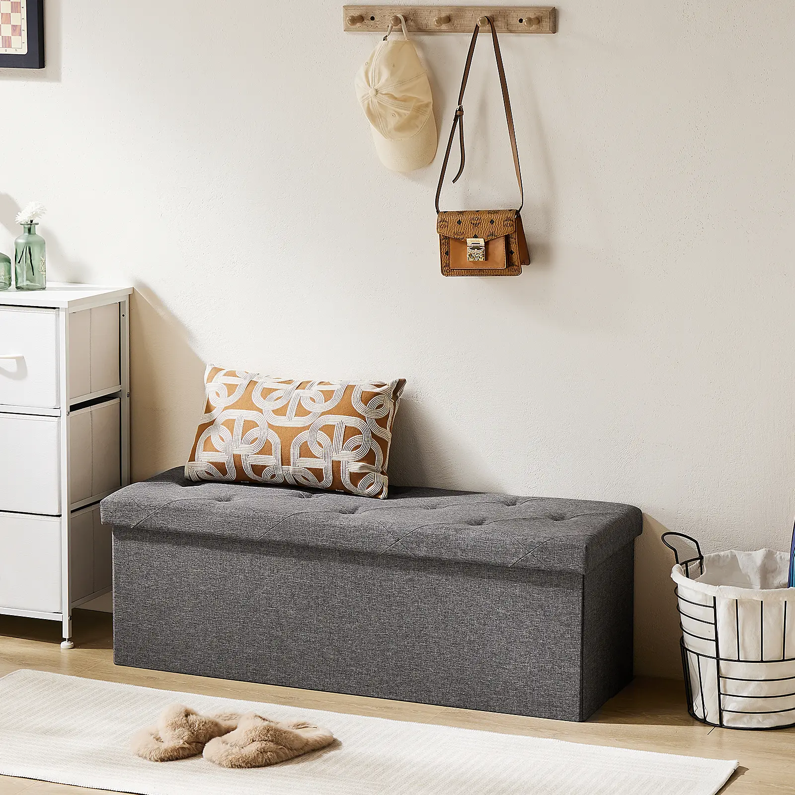 SweetFurniture Ottoman Bench, Folding Ottoman Stool, Ottoman with Storage, End of Bed Bench, Padded Seat, Storage Bench with Seating for Bedroom