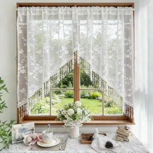 1 Panel Luxury White Floral Sheer Arched Valance with Tassels for Doorway Cabinet Decor Rod Pocket Top Light-filtering Embroidery Privacy Tulle Valance for Living Room Bedroom