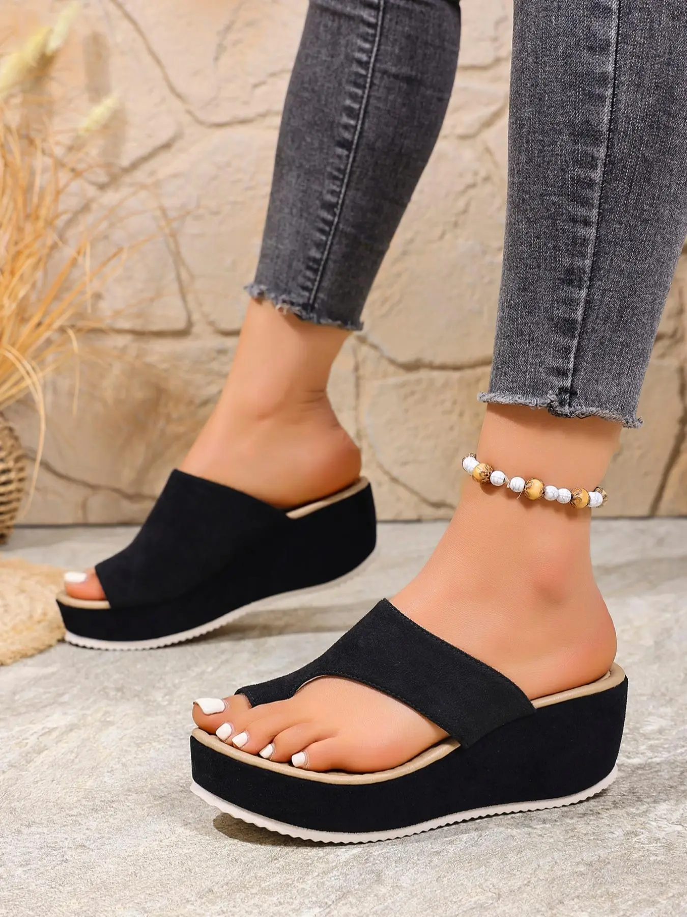 Women's Fashionable Solid Color Wedge Slides, Casual Comfortable Platform Slippers for Summer, Female All-match Round Toe, Black, Flatform, Elevated Wedge