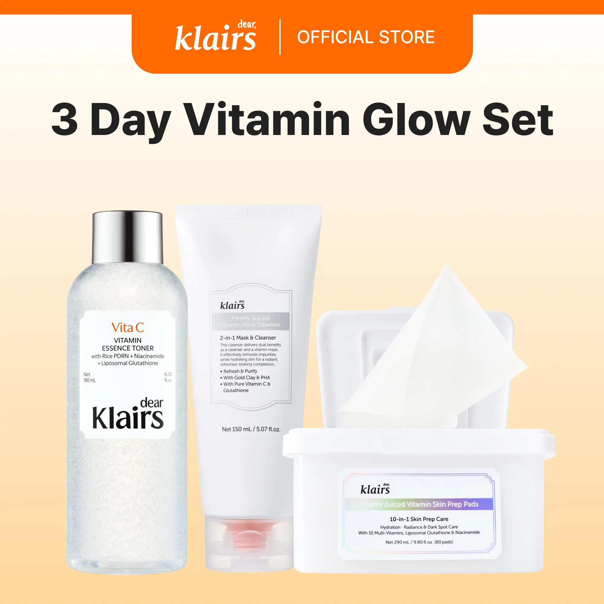 [Dear Klairs Official] 3 Day Vitamin Glow Set, Skin Prep for Makeup, Brightening Glutathione  Vegan Pore Repair Moisturizing for Radiant Skin kbeauty