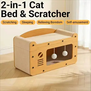 2-in-1 Detachable Cat House & Scratcher: Sturdy, No-Shed Cat Scratching Board With Double-Decker Cat Bed For Indoor Kittens To Play & Sleep