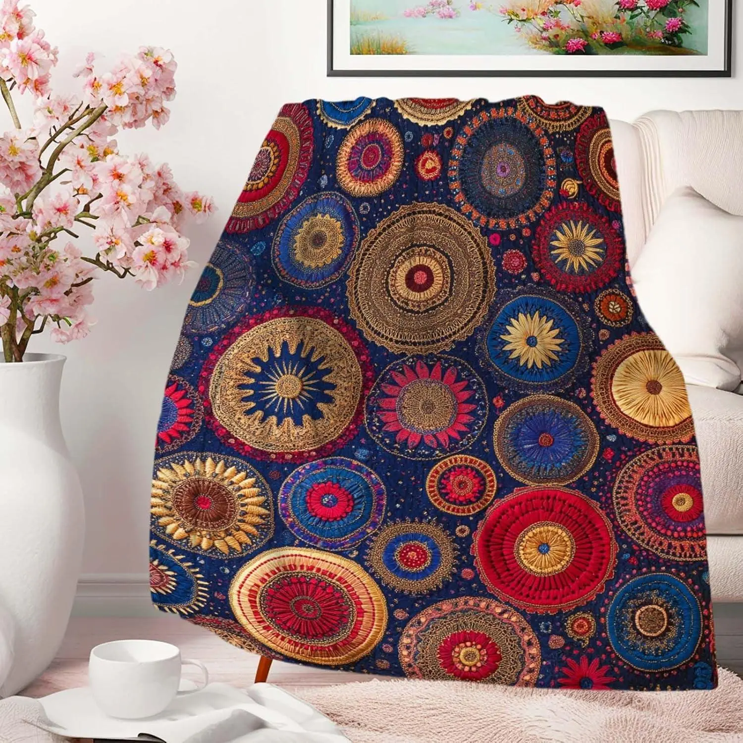 Bohemian Mandala Circles Printed Polyester Fabric Blanket - 1-Piece, Soft Texture, Lightweight All-Season Throw for Women, Grandparents - Multi-Size: 43x56in (142cm×109cm), 50x60in (152cm×127cm) - Home Decor, Couch, Bed