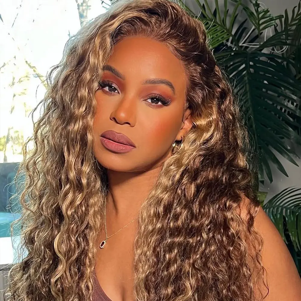 Women's Human Hair Lace Front Wig, 13x4 Lace Frontal, 150% Density Blend Highlight Ombre Wet and Wavy Deep Curly Wig for Female Special Events