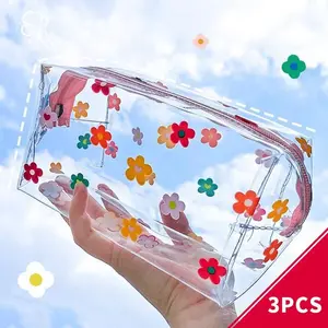 3pcs Transparent Flower Makeup Bag, Summer Floral Pattern Clear Cosmetic Bag with Zip, Portable Makeup Organizer Pouch, Multifunctional Waterproof Toiletry Bag