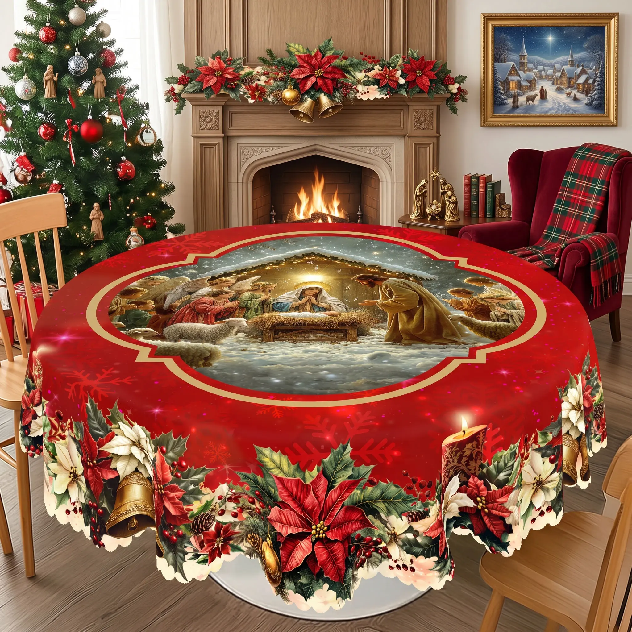 KOPOEELK Vintage Christmas Nativity Scene Tablecloth with Baby Jesus, Mary, Joseph, Angels, Poinsettias, Bells and Snowflake Patterns, Waterproof Fade-Resistant Round Rectangular Table Cover for Holiday Dining, Indoor Outdoor Christmas Party Decor
