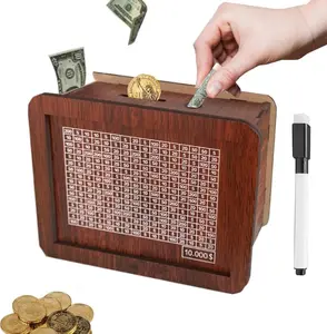 Brown Wooden Decorative Savings Challenge Box - 10000 Counting Target Cash Vault, Kakeibo Piggy Bank, Home Decor Ornaments, Room Accessories, Miniature Gift for Kids