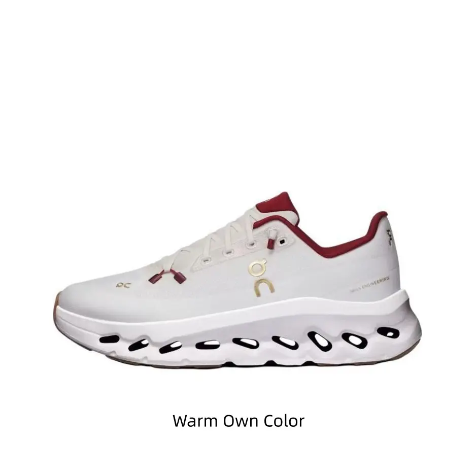 Cream white burgundy red subtle accent hollow carved running sneakers, matte soft neutral mesh construction, all-white hollow anti-slip sole matches vintage, casual & athletic streetwear looks