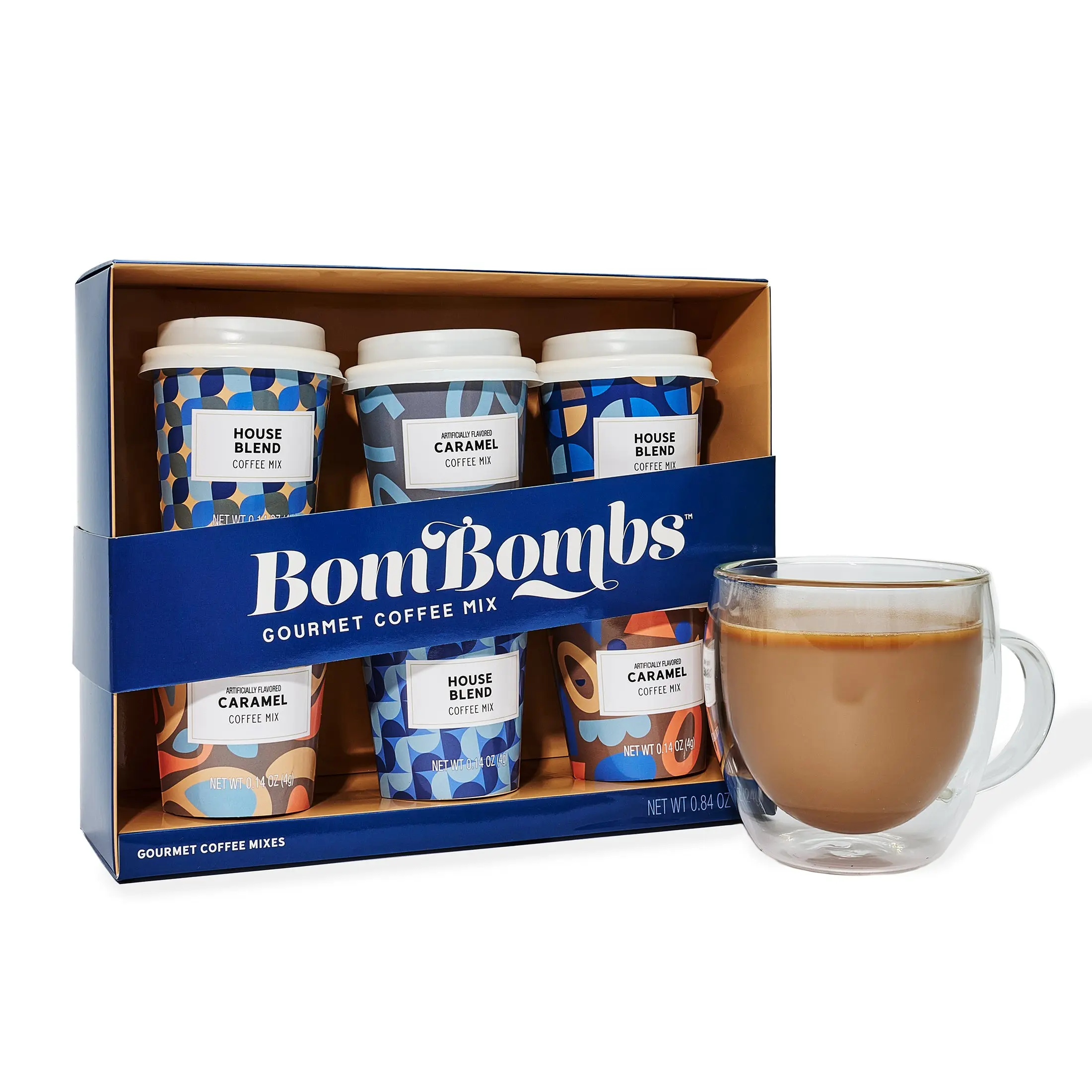 BomBombs Coffee Mix Gourmet Gift Set in Mini Cup Packaging, Includes 6 Instant Coffees in House Blend and Caramel Flavors, Small Coffee Sampler Gift Basket for Coffee Lovers