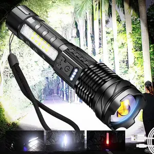 Strong Light Flashlight USB Rechargeable with Emergency White Light and Red & Blue Alarm Lights. Waterproof Design for Versatile Use. Ideal for Camping, Mountaineering, Fishing, Garden, Road, and Garage Lighting. The Portable highlumen flashlight