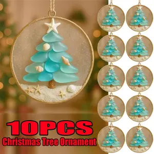 10count Handcrafted Sea Glass Christmas Tree Ornaments Turquoise Aqua Blue Glass Mini Celestialfish White Sand Filled Pendants Coastal Beach Theme Holiday Decor Pre Drilled Holes Rope for Xmas Tree Nautical Party Favors Ocean Decoration Traditional Jumbo