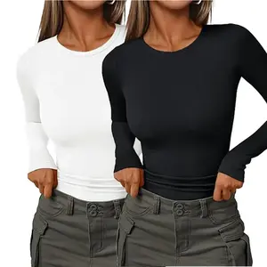 2-Pack Long Sleeve Thermal Ribbed Knit Slim Fit Crew Neck T-Shirt Tops for Women